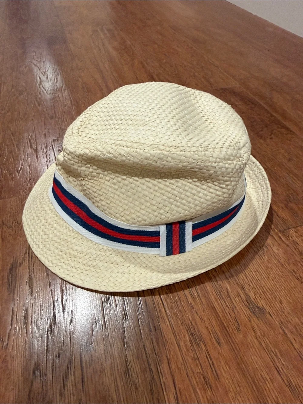 Men’s Natural Straw Trilby with Navy and Red Stripe Band